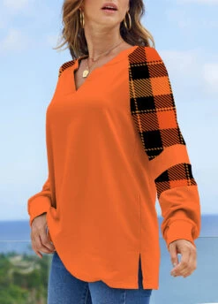 Orange Tartan Print Long Sleeve Halloween Sweatshirt 7 Orange Tartan Print Long Sleeve Halloween Sweatshirt -Modlily Shop 311895 P 1661736746022