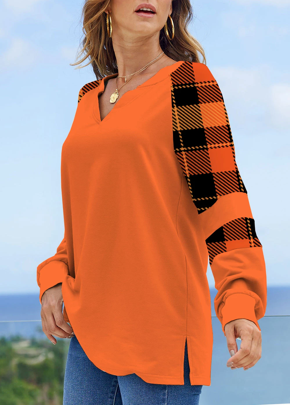 Orange Tartan Print Long Sleeve Halloween Sweatshirt 5 Orange Tartan Print Long Sleeve Halloween Sweatshirt - Image 3