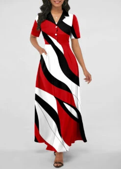 Red Pocket Geometric Print Short Sleeve Maxi Dress
