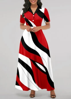Red Pocket Geometric Print Short Sleeve Maxi Dress -Modlily Shop 311984 P 1661137218617