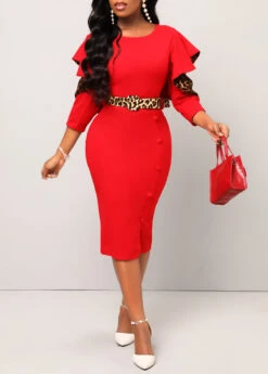 Red Hollow Out Leopard Belted Bodycon Dress -Modlily Shop 312105 P 16624585734633