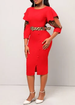 Red Hollow Out Leopard Belted Bodycon Dress -Modlily Shop 312105 P 16624585735552