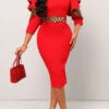Red Hollow Out Leopard Belted Bodycon Dress