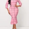 Pink Plaid Belted Button Mermaid Dress -Modlily Shop 312108 P 16659914485770