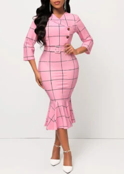 Pink Plaid Belted Button Mermaid Dress