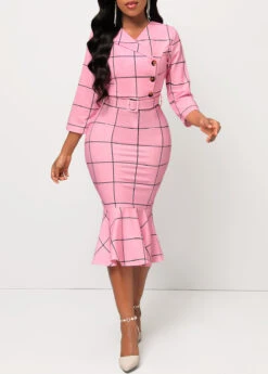 Pink Plaid Belted Button Mermaid Dress 9 Pink Plaid Belted Button Mermaid Dress -Modlily Shop 312108 P 16659914485813