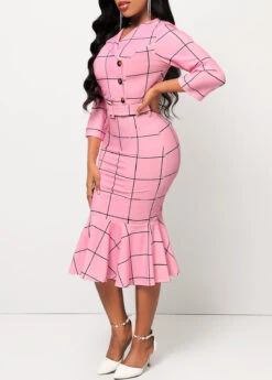 Pink Plaid Belted Button Mermaid Dress 8 Pink Plaid Belted Button Mermaid Dress -Modlily Shop 312108 P 16659914485942