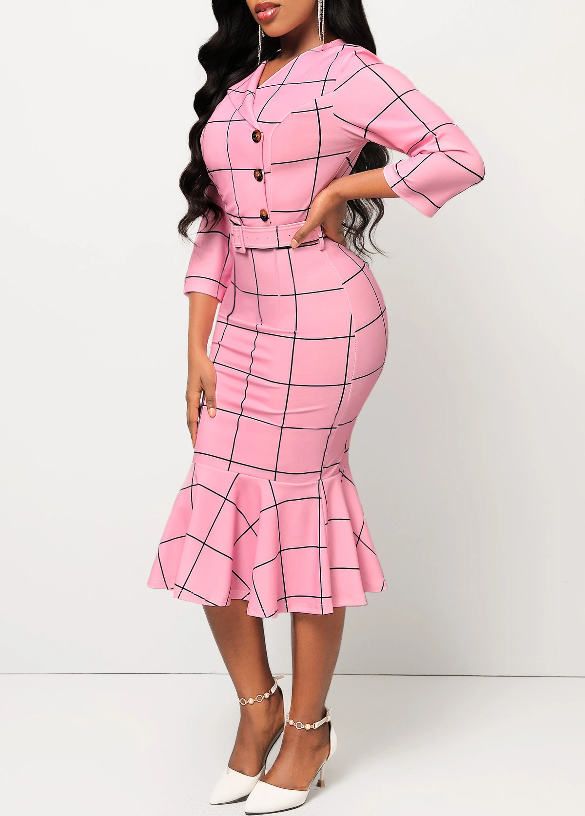 Pink Plaid Belted Button Mermaid Dress 5 Pink Plaid Belted Button Mermaid Dress - Image 3