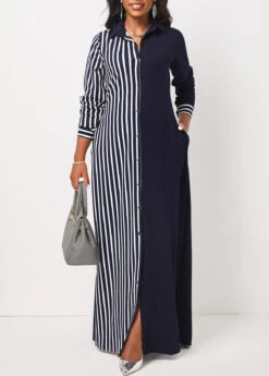 Navy Pocket Striped H Shape Maxi Dress