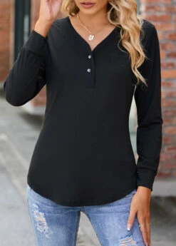 Black Button Long Sleeve V Neck T Shirt -Modlily Shop 312120 P 16632068547293