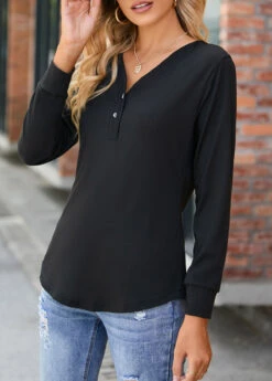 Black Button Long Sleeve V Neck T Shirt -Modlily Shop 312120 P 16632068548732