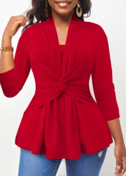 Red Twist Front 3/4 Sleeve T Shirt -Modlily Shop 312146 P 16669342224612