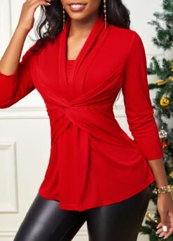 Red Twist Front 3/4 Sleeve T Shirt -Modlily Shop 312146 P 16669342229935