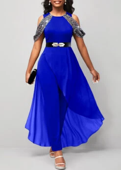 Sapphire Blue Hot Stamping Cold Shoulder Jumpsuit