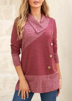 Dark Reddish Purple Button Long Sleeve Sweatshirt -Modlily Shop 312663 P 16655712655343