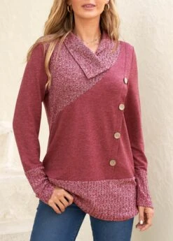 Dark Reddish Purple Button Long Sleeve Sweatshirt -Modlily Shop 312663 P 16655712657422