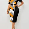 Geometric Print Round Neck Yellow Bodycon Dress -Modlily Shop 312867 P 1661936854620