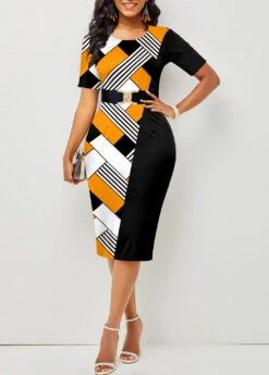Geometric Print Round Neck Yellow Bodycon Dress