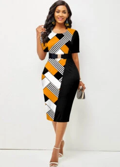 Geometric Print Round Neck Yellow Bodycon Dress -Modlily Shop 312867 P 1661936855766