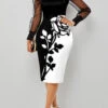 Black Mesh Stitching Floral Print Dress