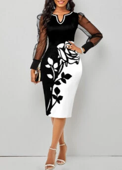 Black Mesh Stitching Floral Print Dress