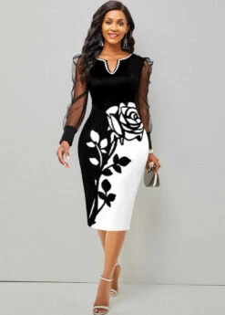 Black Mesh Stitching Floral Print Dress -Modlily Shop 313300 P 1662104813580