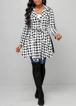 Black Button Houndstooth Print Belted Long Sleeve Coat -Modlily Shop 313594 P 16637572242015