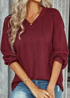 Wine Red Long Sleeve V Neck Sweatshirt -Modlily Shop 313902 P 1662527850393