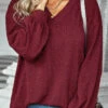 Wine Red Long Sleeve V Neck Sweatshirt