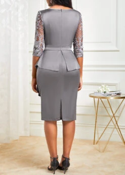 Grey Lace Stitching Peplum Waist Flounce Dress -Modlily Shop 314263 P 16657458754741