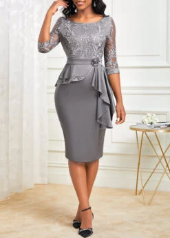 Grey Lace Stitching Peplum Waist Flounce Dress -Modlily Shop 314263 P 16657458755032