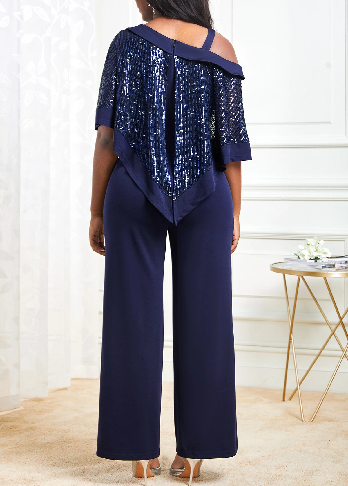 Navy Sequin Cold Shoulder Asymmetric Hem Jumpsuit 4 Navy Sequin Cold Shoulder Asymmetric Hem Jumpsuit - Image 2