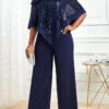 Navy Sequin Cold Shoulder Asymmetric Hem Jumpsuit -Modlily Shop 314272 P 16669316383690