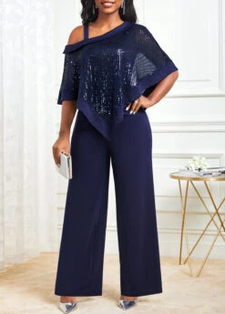 Navy Sequin Cold Shoulder Asymmetric Hem Jumpsuit
