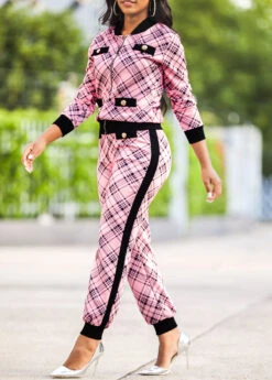 Pink Plaid Long Sleeve Sweatsuit Set -Modlily Shop 314408 P 16642744252762