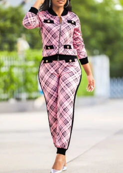 Pink Plaid Long Sleeve Sweatsuit Set -Modlily Shop 314408 P 16642744256303