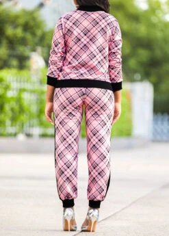 Pink Plaid Long Sleeve Sweatsuit Set -Modlily Shop 314408 P 16642744257921