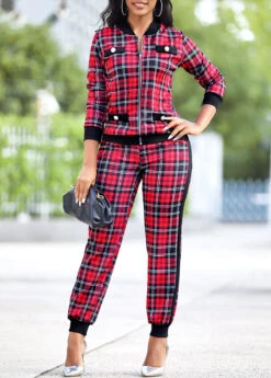 Red Plaid Long Sleeve Zipper Sweatsuit Set 8 Red Plaid Long Sleeve Zipper Sweatsuit Set -Modlily Shop 314409 P 16651935872152
