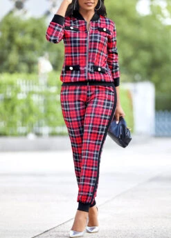 Red Plaid Long Sleeve Zipper Sweatsuit Set 9 Red Plaid Long Sleeve Zipper Sweatsuit Set -Modlily Shop 314409 P 16651935872653
