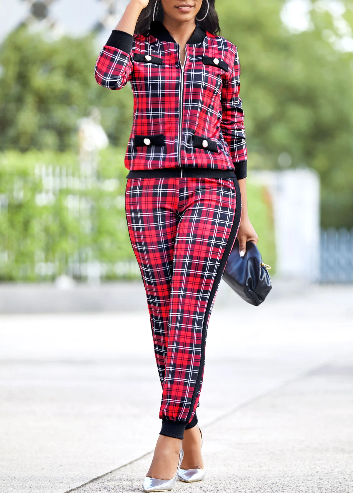 Red Plaid Long Sleeve Zipper Sweatsuit Set 6 Red Plaid Long Sleeve Zipper Sweatsuit Set - Image 4