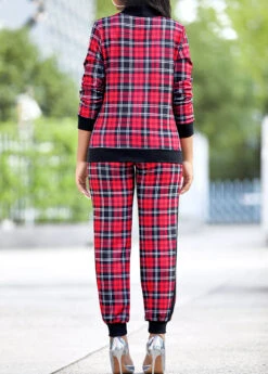 Red Plaid Long Sleeve Zipper Sweatsuit Set 7 Red Plaid Long Sleeve Zipper Sweatsuit Set -Modlily Shop 314409 P 16651935876521