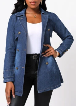 Denim Blue Button Long Sleeve Lapel Jacket -Modlily Shop 314685 P 16644582803060