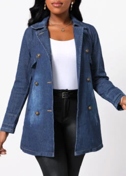 Denim Blue Button Long Sleeve Lapel Jacket -Modlily Shop 314685 P 16644582803263
