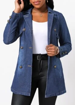 Denim Blue Button Long Sleeve Lapel Jacket -Modlily Shop 314685 P 16644582809044