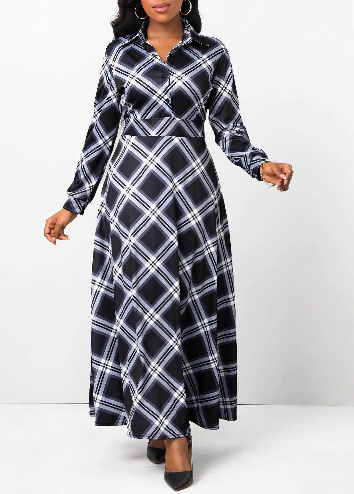 Black Button Plaid Long Sleeve Maxi Dress 6 Black Button Plaid Long Sleeve Maxi Dress - Image 4