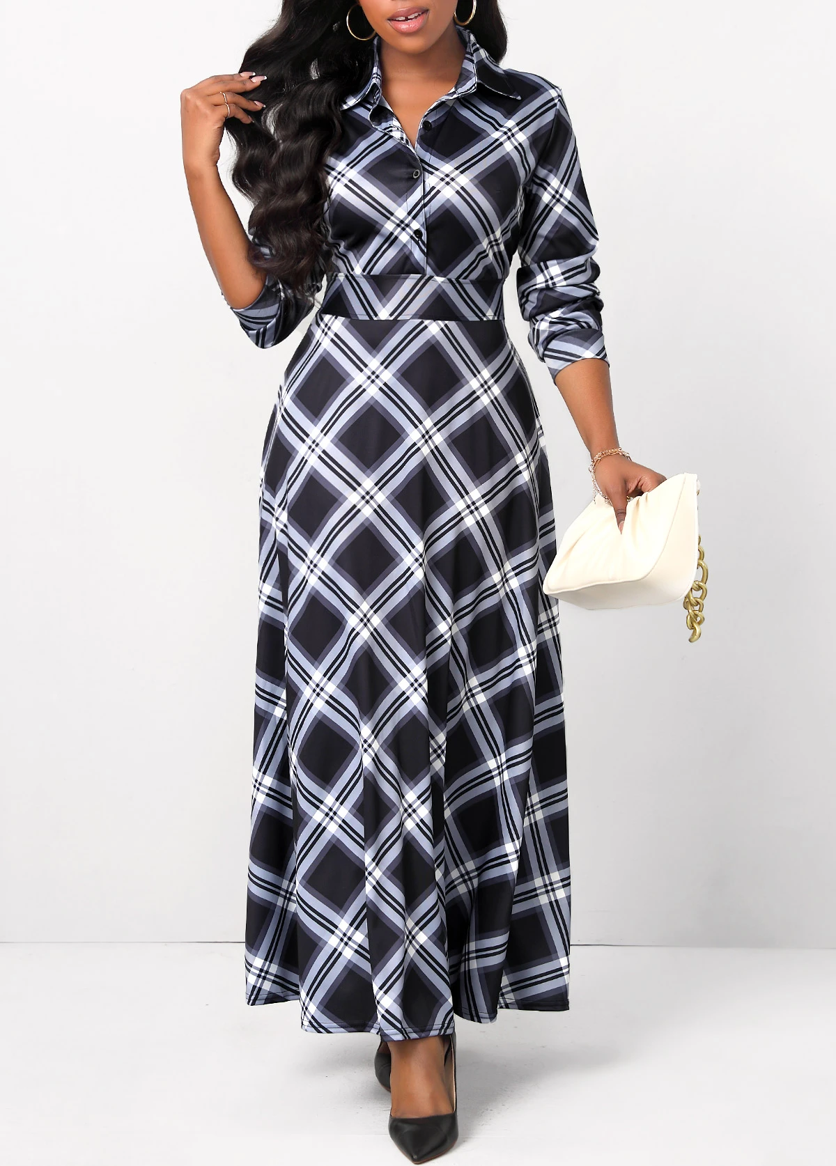 Black Button Plaid Long Sleeve Maxi Dress 8 Black Button Plaid Long Sleeve Maxi Dress - Image 6