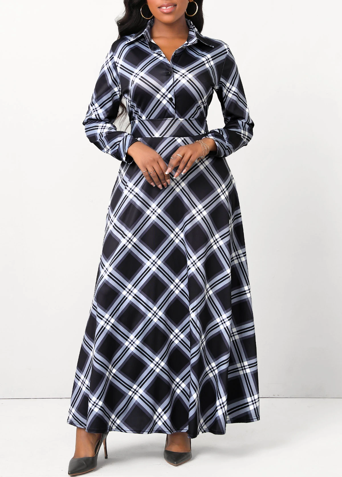 Black Button Plaid Long Sleeve Maxi Dress 7 Black Button Plaid Long Sleeve Maxi Dress - Image 5
