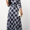 Black Button Plaid Long Sleeve Maxi Dress -Modlily Shop 314958 P 16644582398980