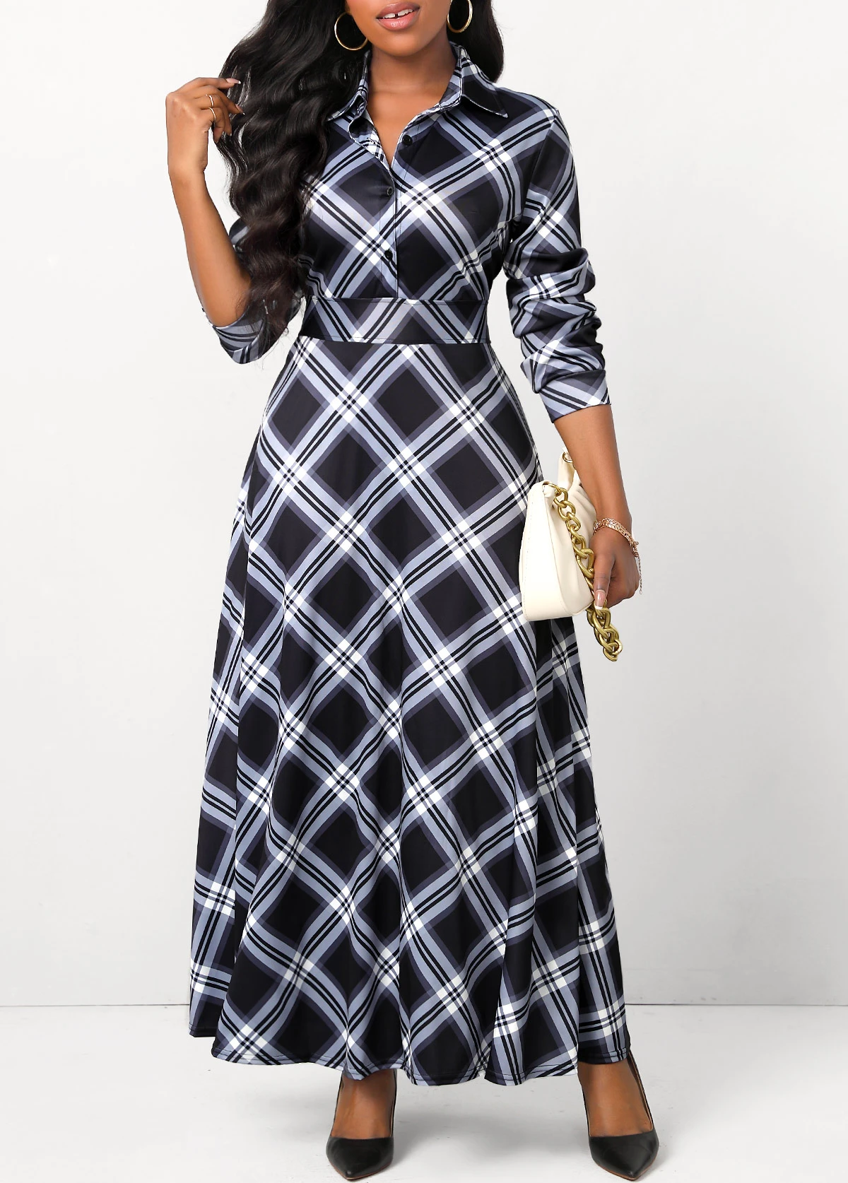 Black Button Plaid Long Sleeve Maxi Dress 3 Black Button Plaid Long Sleeve Maxi Dress