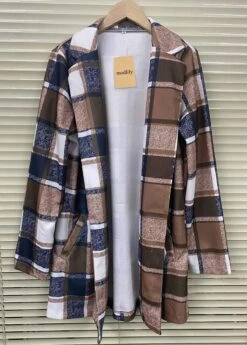 Dark Camel Pocket Plaid Long Sleeve Lapel Coat -Modlily Shop 314988 P 16848042040966